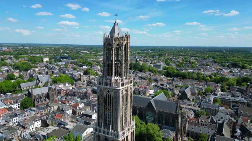Dom tower in Utrecht, The Netherlands. Aerial drone video.