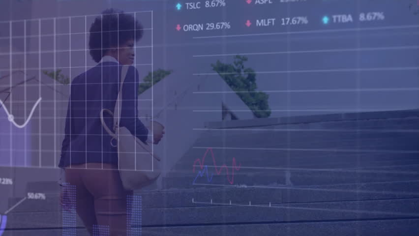 woman climbing concrete stairs outside building, with translucent financial charts overlaying scene. Professional, urban, minimalistic, data-driven, business, motivation, modern - Powered by Shutterstock - Get 15% off with code: PIKWIZARD15
