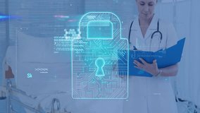 Female professional reviewing clipboard at hospital with holographic padlock scanning bar charts. Medical, healthcare, security, technology, innovation, data, digital - Powered by Shutterstock - Get 15% off with code: PIKWIZARD15