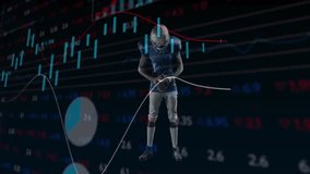 Football player adjusting helmet and holding ball showcasing animated bar graphs and finance charts. Athlete, sports, technology, analytics, innovation, performance, digital - Powered by Shutterstock - Get 15% off with code: PIKWIZARD15