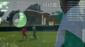 Footballer wearing green bib sprinting on grass pitch, showing sports analytics world map graphics. Athlete, fitness, motion, outdoor, technology, analysis, competition - Powered by Shutterstock - Get 15% off with code: PIKWIZARD15