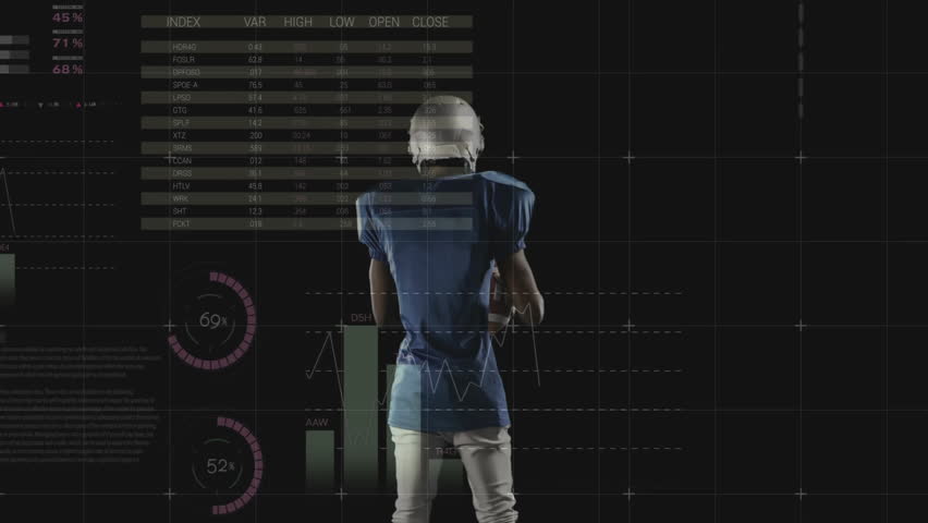 Male football player holding football showcasing technology chart and map overlays. Athlete, futuristic, data visualization, innovation, sport, analysis, digital - Powered by Shutterstock - Get 15% off with code: PIKWIZARD15