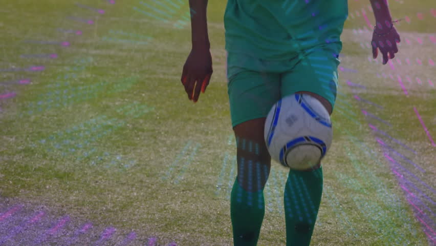 soccer player kicking soccer ball on grass field, displaying glitch overlays for sports branding. Athletic, action, vibrant, modern, outdoor, dynamic, competitive