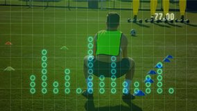 Male player performing soccer drill on pitch, combining sports tech grid and glowing data dots. Athletic, training, futuristic, performance, fitness, motion, outdoor - Powered by Shutterstock - Get 15% off with code: PIKWIZARD15