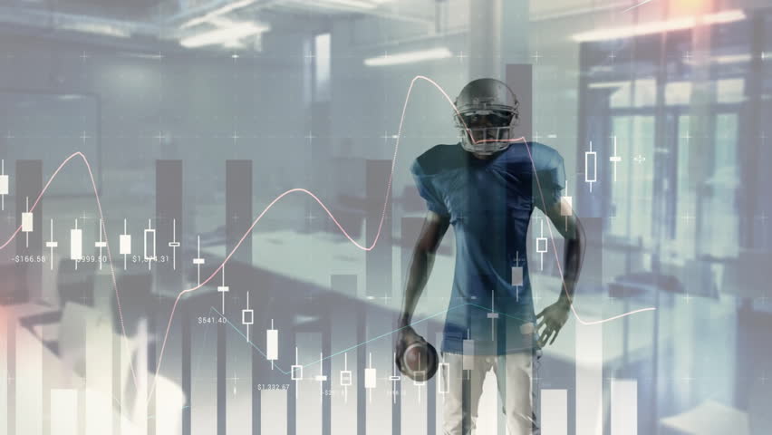 Football player showcasing financial data in office, displaying candlestick bars and trend lines. Athlete, professional, urban, dynamic, strategy, teamwork, modern - Powered by Shutterstock - Get 15% off with code: PIKWIZARD15