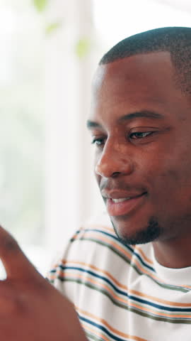 Break, phone and smile with black man in coffee shop for hospitality, service or social media. App, communication and text message with happy person in cafe or restaurant for morning or weekend