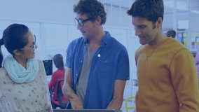 Colleagues standing around laptop in office, discussing business data with floating cart icons. Collaboration, teamwork, innovation, modern, digital, analytics, communication - Powered by Shutterstock - Get 15% off with code: PIKWIZARD15