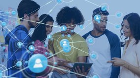 Team collaborating around tablet device in tech workspace, with floating network icons and charts. Collaboration, teamwork, innovation, digital, brainstorming, startup, connectivity - Powered by Shutterstock - Get 15% off with code: PIKWIZARD15