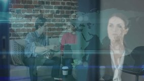 Three colleagues collaborating around laptop in business lounge, showing digital network overlay. Collaboration, teamwork, modern office, digital connection, creative workspace, tech industry, - Powered by Shutterstock - Get 15% off with code: PIKWIZARD15