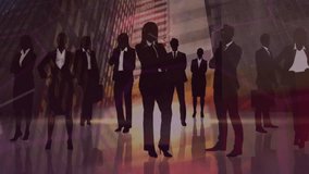 Business silhouettes standing against sunset skyline, showing flat design holographic charts. Corporate, technology, futuristic, networking, innovation, office, finance - Powered by Shutterstock - Get 15% off with code: PIKWIZARD15