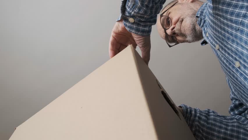 A man in a checked shirt opens a large cardboard box, viewed from a low angle. The image provides an interesting perspective emphasizing the box's size and the person's detailed focus 