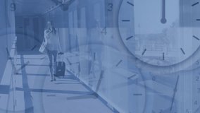 Female traveler walking through airport jet bridge, holding smartphone, showing travel time clocks. Traveler, transit, modern, digital, mobility, sleek, contemporary - Powered by Shutterstock - Get 15% off with code: PIKWIZARD15