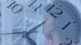 female call center agent using headset handling call, showing faint clock overlay tracking time. Professional, workspace, modern, corporate, communication, productivity, digital - Powered by Shutterstock - Get 15% off with code: PIKWIZARD15