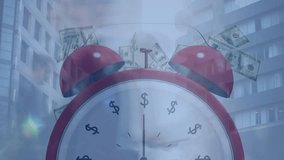 Vintage red alarm clock ringing in finance district, with floating hundred-dollar bills motion. Financial, capitalism, currency, economy, urban, business, investment - Powered by Shutterstock - Get 15% off with code: PIKWIZARD15