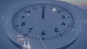 Animated analog clock face overlaying city skyline at dusk showing illuminated streetlights. Abstract, dynamic, minimalist, technology, urban, nighttime, modern - Powered by Shutterstock - Get 15% off with code: PIKWIZARD15