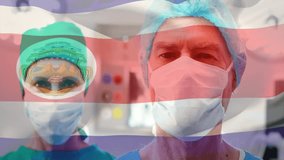 two surgeons standing in operating room wearing surgical caps, with animated health data overlay. Medical professionals, healthcare, clinical, teamwork, medical equipment, modern, sterile - Powered by Shutterstock - Get 15% off with code: PIKWIZARD15