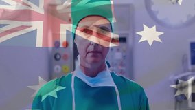 Female surgeon wearing mask adjusting scrub cap in operating room with animated union jack overlay. Medical, healthcare, sterile, professionalism, precision, diagnostic, clinical - Powered by Shutterstock - Get 15% off with code: PIKWIZARD15