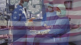medical team handing instruments in operating room, displaying animated American flag overlay. Surgical, teamwork, clinical, profession, hospital, precision, sterile - Powered by Shutterstock - Get 15% off with code: PIKWIZARD15