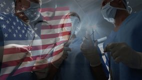 Three surgeons collaborating in medical operating room, featuring transparent American flag overlay. Medical, teamwork, healthcare, professionalism, innovation, hospital, collaboration - Powered by Shutterstock - Get 15% off with code: PIKWIZARD15