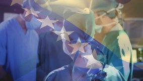 four surgeons performing surgery in operating room, displaying flag overlay and vital signs monitor. Medical, professionalism, clinical, procedure, healthcare, diagnostic, teamwork - Powered by Shutterstock - Get 15% off with code: PIKWIZARD15