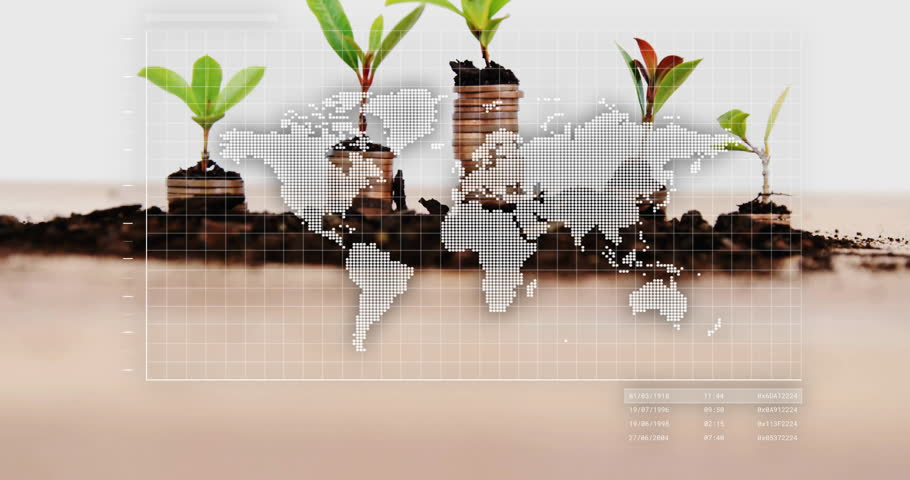 Green seedlings growing from coin piles and soil on surface with world map data pane. Investment, growth, sustainability, digital, analytics, finance, innovation