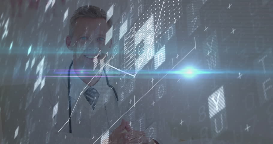 Male doctor analyzing healthcare finance with stethoscope, floating charts, binary code and flares. Medical, technology, futuristic, data, analysis, digital, professional