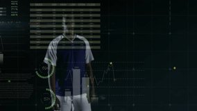 Soccer player positioning foot on pitch at night, displaying tech bar graphs pie chart world map. Athletic, technology, data visualization, sports analytics, digital interface, performance, futurism - Powered by Shutterstock - Get 15% off with code: PIKWIZARD15