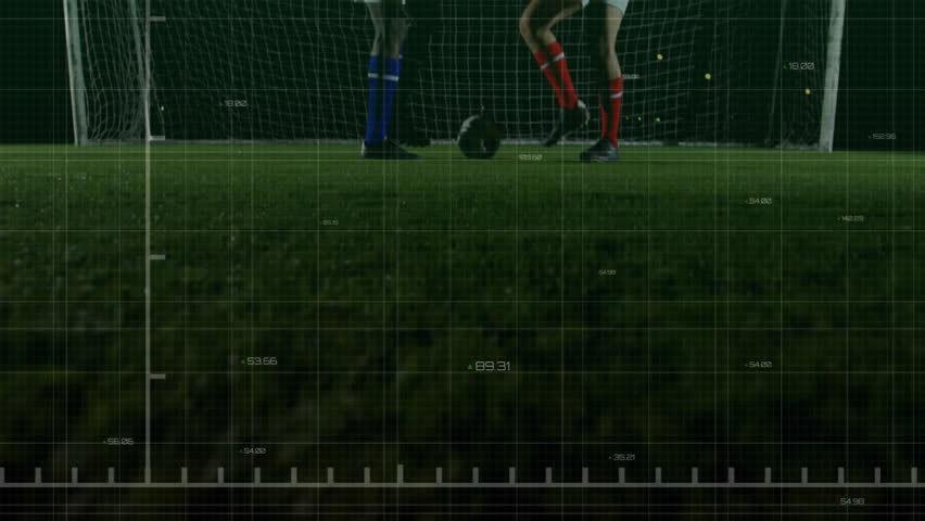 Two male soccer players contesting ball near goal, displaying green graph data technology overlays. Athletics, competition, sports, performance, analytics, digital, intensity - Powered by Shutterstock - Get 15% off with code: PIKWIZARD15