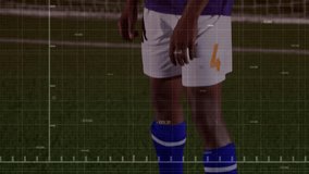 male athlete standing in soccer goal net grid, displaying red declining graph and floating numbers. Athlete, analytics, performance, digital, sport, futuristic, metrics - Powered by Shutterstock - Get 15% off with code: PIKWIZARD15