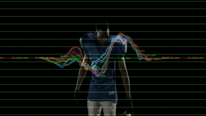 male football player adjusting helmet in sports tech demo, showcasing neon grid and waveform graphs. Athlete, sports, futurism, digital, performance, analytics, innovation