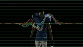 male football player adjusting helmet in sports tech demo, showcasing neon grid and waveform graphs. Athlete, sports, futurism, digital, performance, analytics, innovation - Powered by Shutterstock - Get 15% off with code: PIKWIZARD15