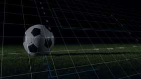 Solitary black-and-white soccer ball resting on green grass pitch, showing digital data overlays. Technology, sports, analytics, performance, innovation, outdoor, modern - Powered by Shutterstock - Get 15% off with code: PIKWIZARD15