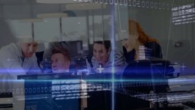 Team collaborating around monitor in office, projecting animated stock charts and binary code. Collaboration, finance, technology, data, innovation, teamwork, analysis - Powered by Shutterstock - Get 15% off with code: PIKWIZARD15