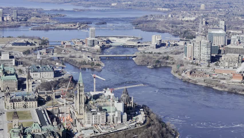 Aerial view of the capital Parliament under renovation the skyline of downtown Ottawa