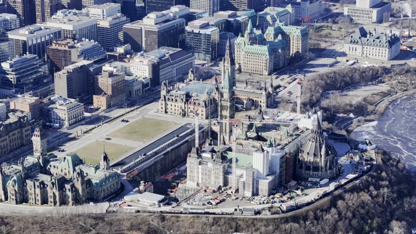 Aerial view of the capital Parliament under renovation the skyline of downtown Ottawa