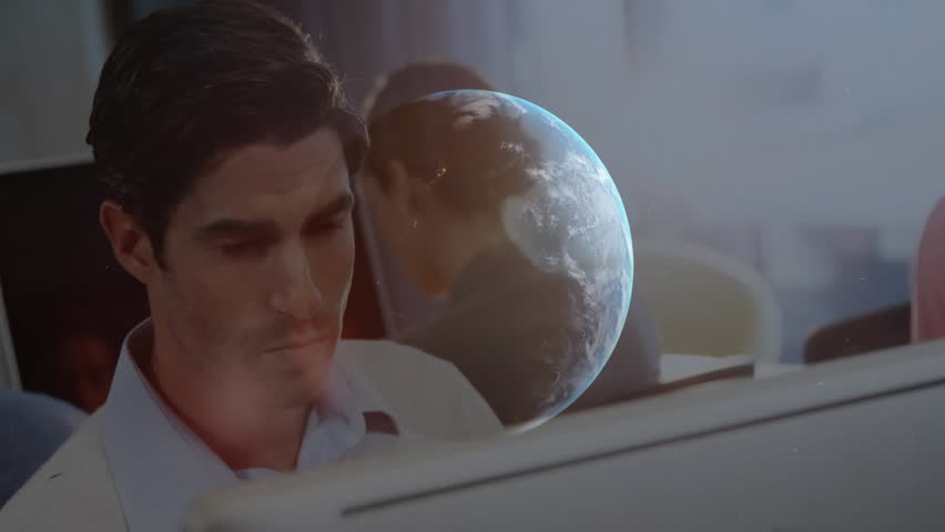 Team discussing financial data on laptop in office, showing floating candlestick graphs and globe. Business, collaboration, digital, analytics, corporate, innovation, teamwork - Powered by Shutterstock - Get 15% off with code: PIKWIZARD15