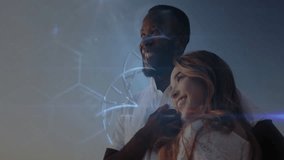 Man and woman embracing in studio, projecting biotech helix and floating code overlays. Romantic, connection, futuristic, healthcare, innovation, technology, intimacy - Powered by Shutterstock - Get 15% off with code: PIKWIZARD15