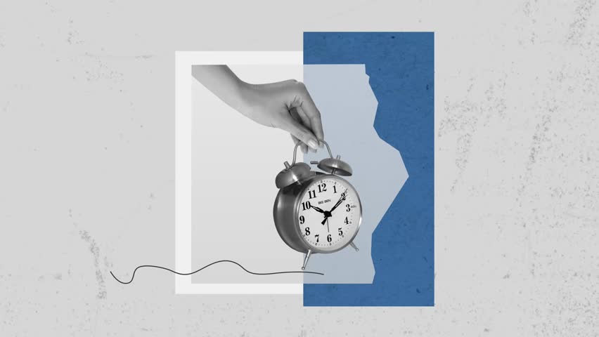 Trendy halftone collage. A hand holds a ringing alarm clock.  Vector business concepts for graphic and web design, marketing and print materials, stop motion, collage art.