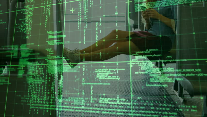 woman scrolling smartphone at airport gate, showing digital code and grid tech overlay. Travel, technology, digital, urban, networking, efficiency, modern