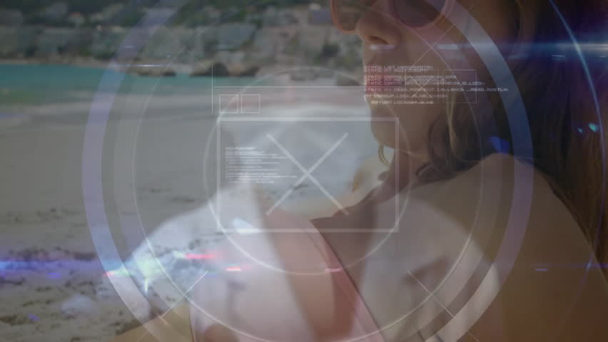 Woman wearing straw sun hat exploring beach tech interface, revealing HUD data sketches. Coastline, leisure, futuristic, outdoor, travel, serenity, innovation
