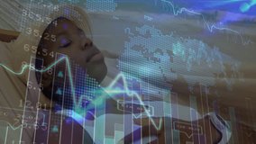 woman resting on lounge chair under straw umbrella, showing financial chart and map overlays. Relaxation, leisure, outdoor, vacation, tranquility, technology, data visualization - Powered by Shutterstock - Get 15% off with code: PIKWIZARD15