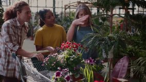 Friendly customers discussing plant selection with helpful florist, pushing shopping cart through colorful garden center, expressing shared enthusiasm for gardening - Powered by Shutterstock - Get 15% off with code: PIKWIZARD15