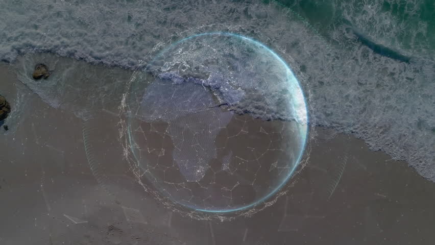 Aerial scene showing semi transparent cyan grid and floating numeric data overlaying sandy shore. Geospatial, technology, data visualization, futuristic, coastal, digital interface, aerial perspective - Powered by Shutterstock - Get 15% off with code: PIKWIZARD15