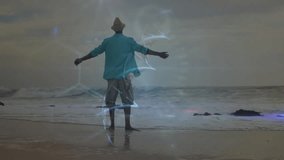 Man wearing straw hat standing barefoot in shallow water on beach, showing tech marketing holograms. Solitude, serenity, futuristic, digital, innovation, leisure, relaxation - Powered by Shutterstock - Get 15% off with code: PIKWIZARD15