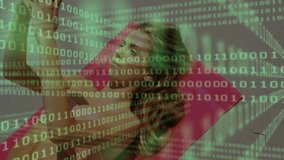 woman holding smartphone on sandy beach, showing streaming binary code for tech design. Summer, leisure, relaxation, technology, digital, vibrant, outdoor - Powered by Shutterstock - Get 15% off with code: PIKWIZARD15