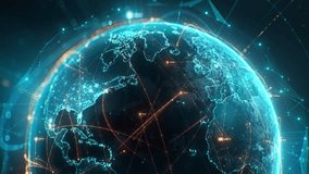Futuristic digital globe of Earth with glowing data points network connections on a dark background. Worldwide links on planet earth at night. Concept of World communication technology. 3d animation - Powered by Shutterstock - Get 15% off with code: PIKWIZARD15