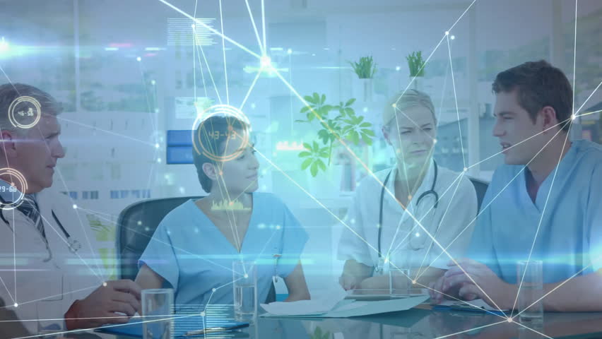 Medical team sitting around glass table reviewing patient data with charts and digital overlays. Healthcare, teamwork, professionalism, analysis, innovation, collaboration, technology - Powered by Shutterstock - Get 15% off with code: PIKWIZARD15