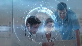 medical team collaborating over laptop in clinic, projecting holographic globe and data points. Healthcare, collaboration, technology, innovation, precision, analytics, professionalism - Powered by Shutterstock - Get 15% off with code: PIKWIZARD15