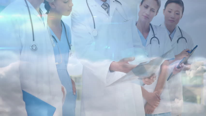 Medical team reviewing patient chart in hospital, with digital network icons connecting. Collaboration, healthcare, technology, professionalism, modern, innovation, teamwork