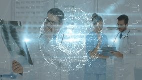 Three medical professionals examining holographic sphere with chest X-ray and tablet display. Healthcare, telemedicine, digital health, medical innovation, futuristic, collaboration, hospital - Powered by Shutterstock - Get 15% off with code: PIKWIZARD15